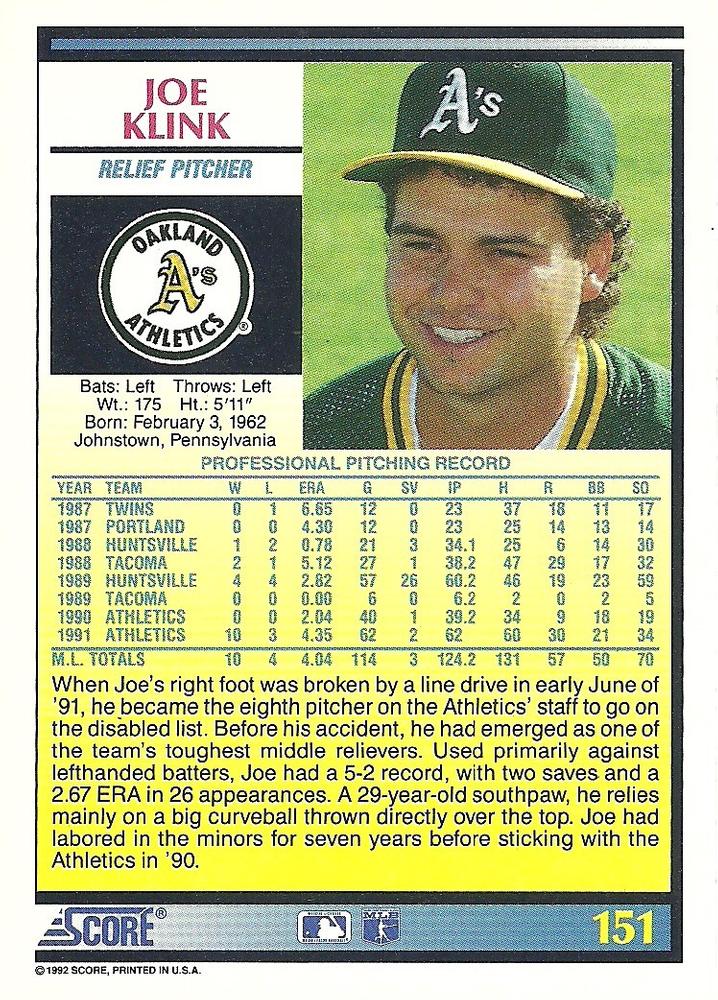 Joe Klink  baseball card collectible - Main Image 2