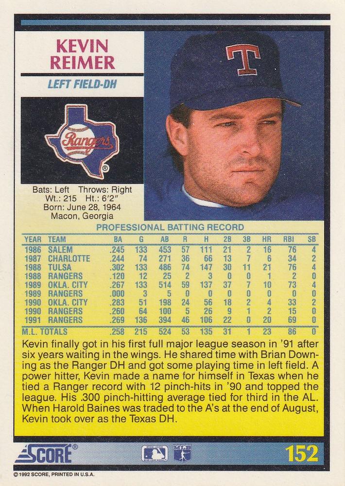 Kevin Reimer  baseball card collectible - Main Image 2