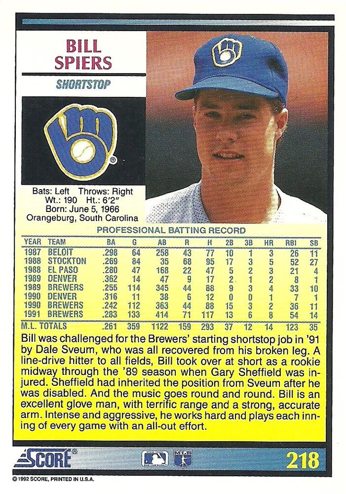 Bill Spiers  baseball card collectible - Main Image 2