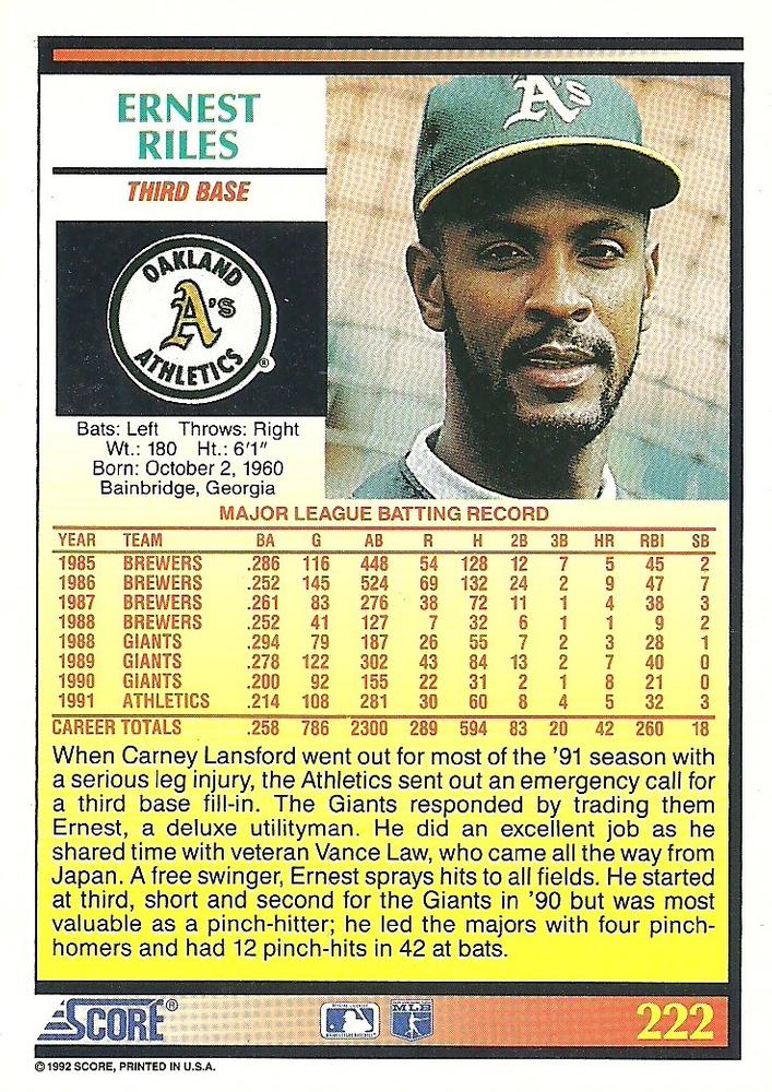 Ernest Riles  baseball card collectible - Main Image 2