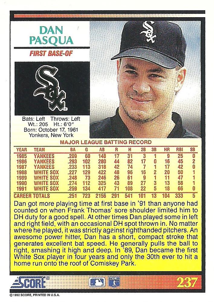 Dan Pasqua  baseball card collectible - Main Image 2