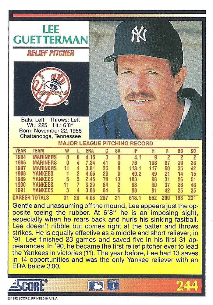 Lee Guetterman  baseball card collectible - Main Image 2