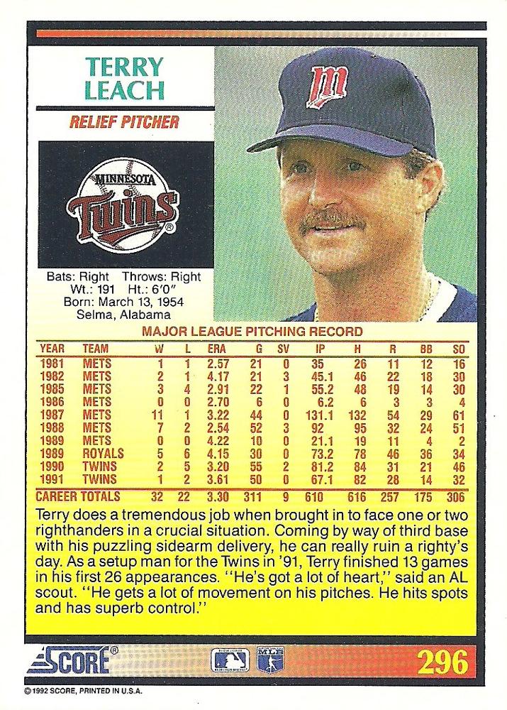 Terry Leach  baseball card collectible - Main Image 2