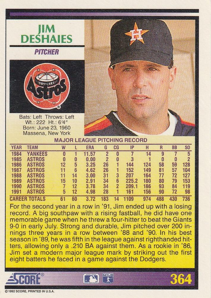 Jim Deshaies  baseball card collectible - Main Image 2