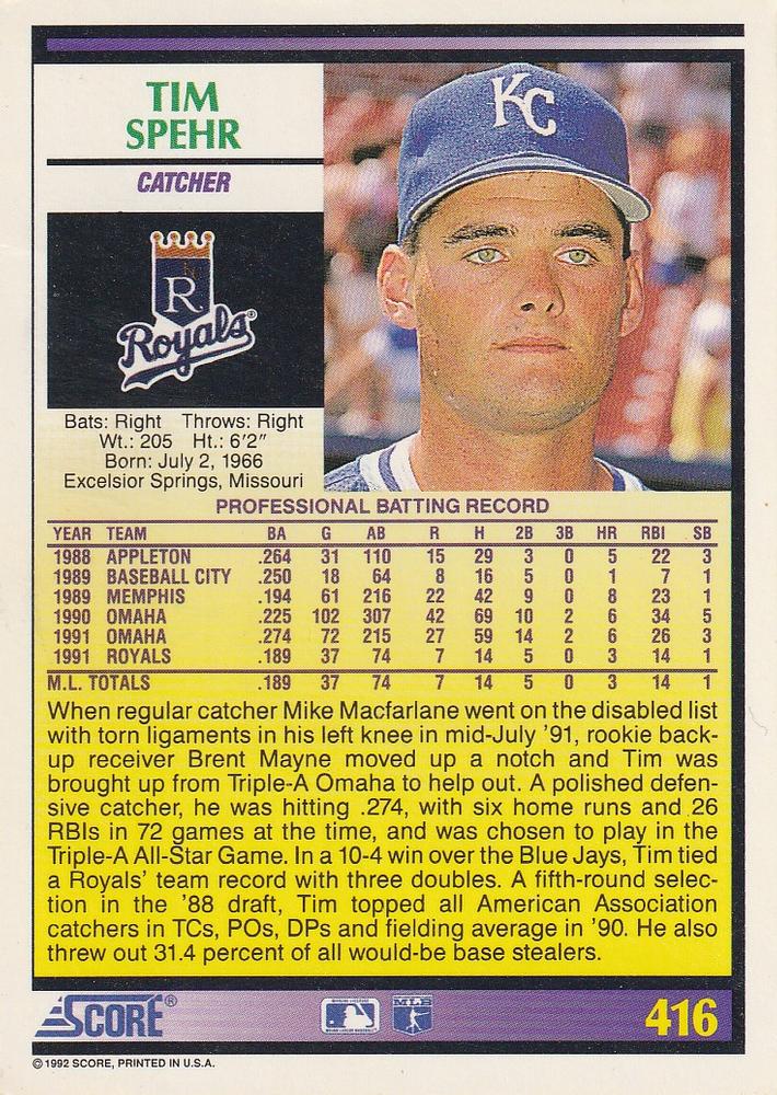 Tim Spehr  baseball card collectible - Main Image 2