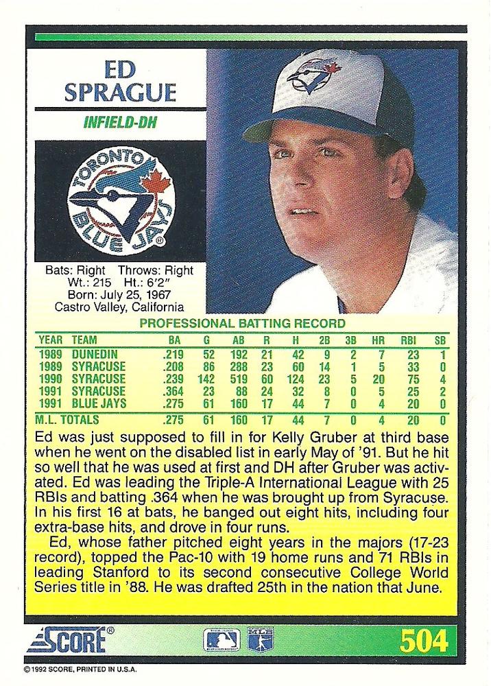 Ed Sprague  baseball card collectible - Main Image 2