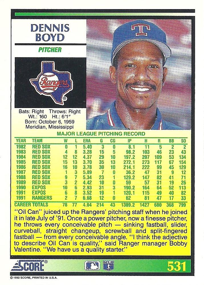 Dennis Boyd  baseball card collectible - Main Image 2