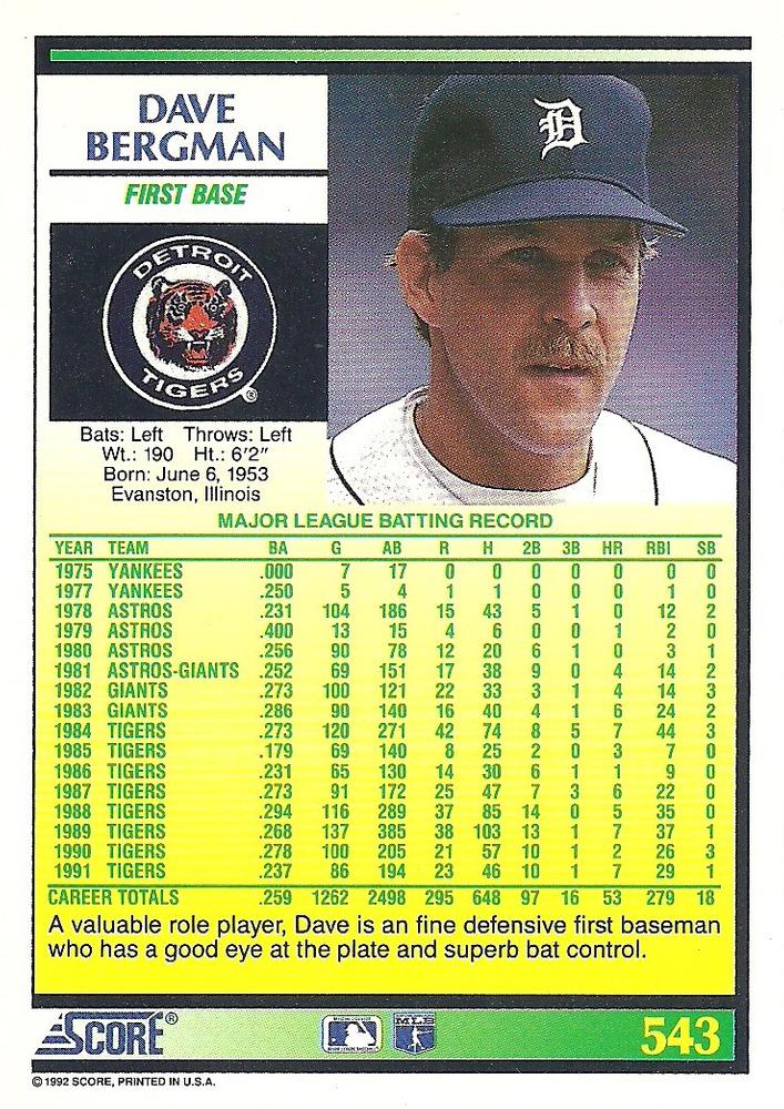 Dave Bergman  baseball card collectible - Main Image 2