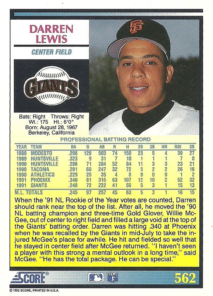 Darren Lewis  baseball card collectible - Main Image 2