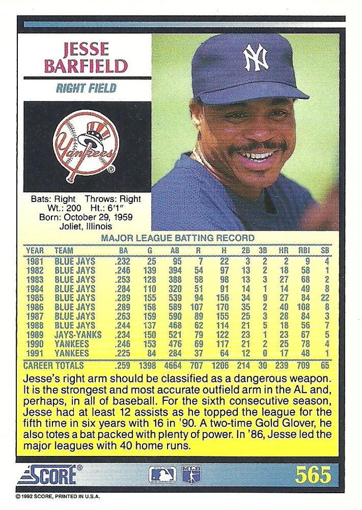 Jesse Barfield  baseball card collectible - Main Image 2