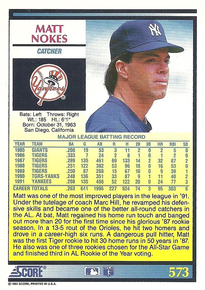 Matt Nokes  baseball card collectible - Main Image 2