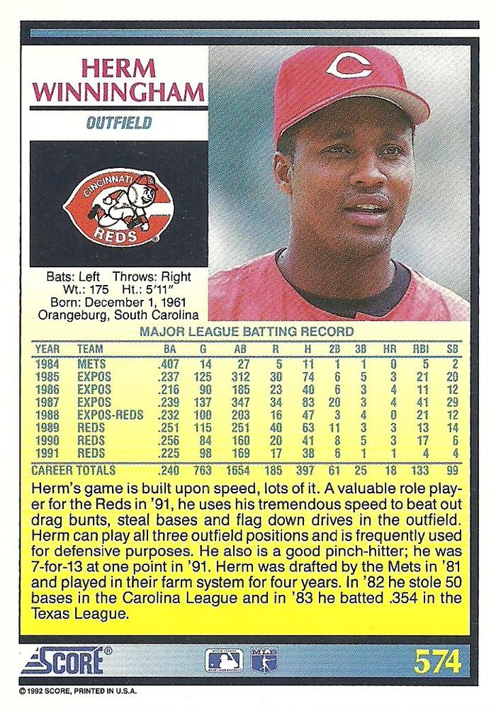 Herm Winningham  baseball card collectible - Main Image 2