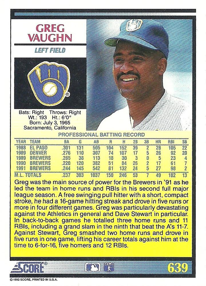 Greg Vaughn  baseball card collectible - Main Image 2