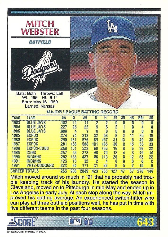 Mitch Webster  baseball card collectible - Main Image 2