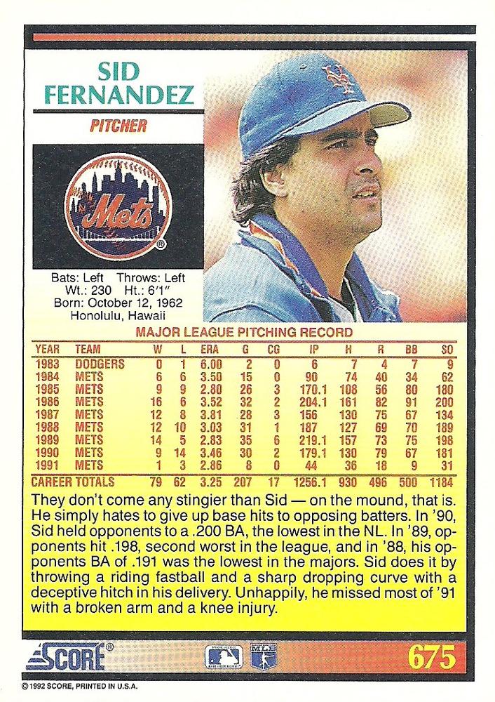 Sid Fernandez  baseball card collectible - Main Image 2