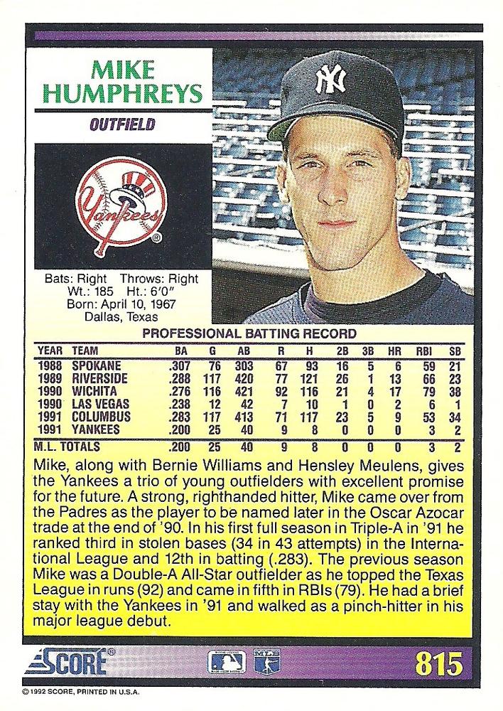 Mike Humphreys  baseball card collectible - Main Image 2