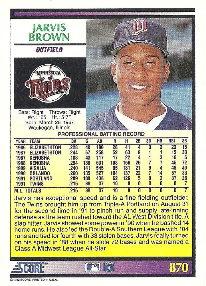 Jarvis Brown  baseball card collectible - Main Image 2