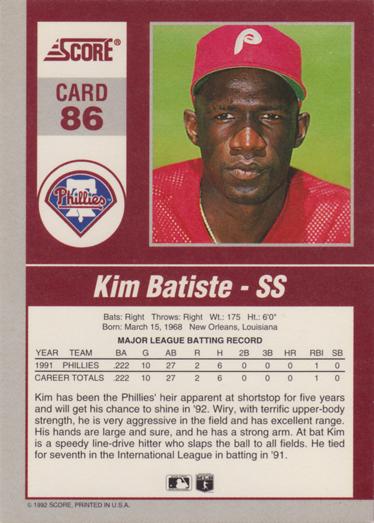 Kim Batiste  baseball card collectible - Main Image 2