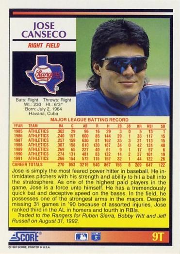 Jose Canseco  baseball card collectible - Main Image 2