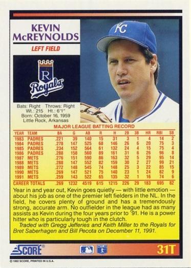 Kevin McReynolds  baseball card collectible - Main Image 2