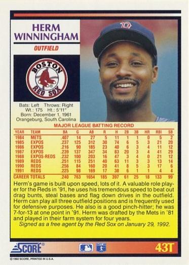 Herm Winningham  baseball card collectible - Main Image 2