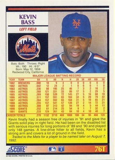 Kevin Bass  baseball card collectible - Main Image 2