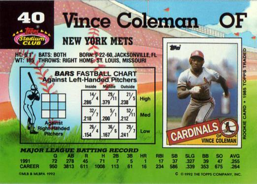 Vince Coleman  baseball card collectible - Main Image 2