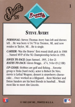 Steve Avery  baseball card collectible - Main Image 2