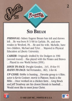 Sid Bream  baseball card collectible - Main Image 2