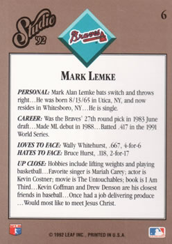 Mark Lemke  baseball card collectible - Main Image 2