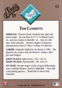 Tom Candiotti  baseball card collectible - Main Image 2