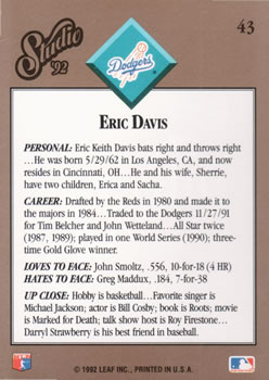 Eric Davis  baseball card collectible - Main Image 2