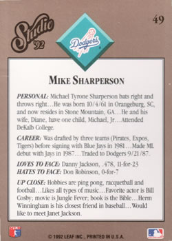 Mike Sharperson  baseball card collectible - Main Image 2