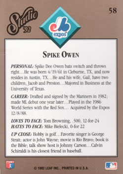 Spike Owen  baseball card collectible - Main Image 2