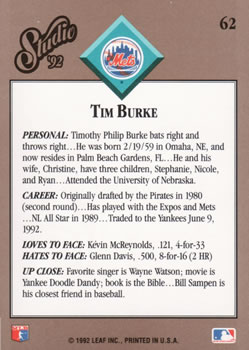 Tim Burke  baseball card collectible - Main Image 2