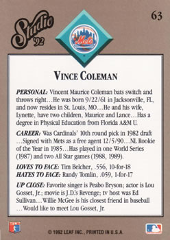 Vince Coleman  baseball card collectible - Main Image 2