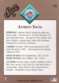 Anthony Young  baseball card collectible - Main Image 2