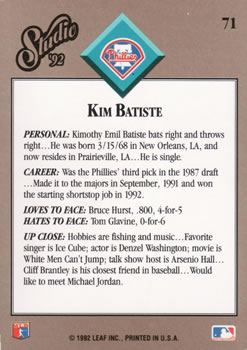 Kim Batiste  baseball card collectible - Main Image 2