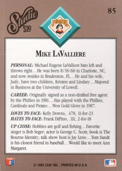 Mike LaValliere  baseball card collectible - Main Image 2