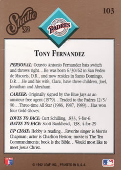 Tony Fernandez  baseball card collectible - Main Image 2