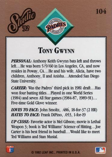 Tony Gwynn  baseball card collectible - Main Image 2