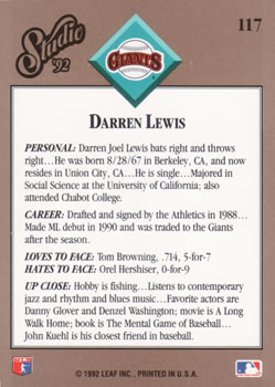 Darren Lewis  baseball card collectible - Main Image 2
