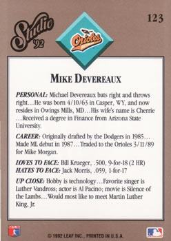 Mike Devereaux  baseball card collectible - Main Image 2