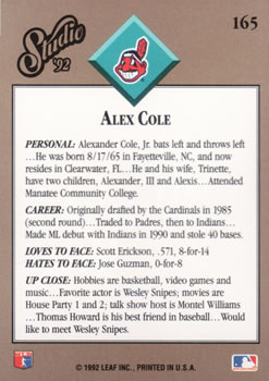 Alex Cole  baseball card collectible - Main Image 2