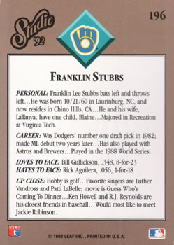 Franklin Stubbs  baseball card collectible - Main Image 2