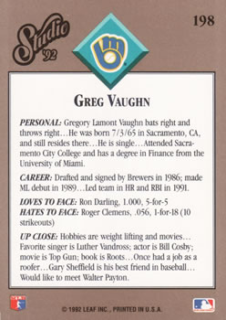 Greg Vaughn  baseball card collectible - Main Image 2