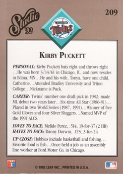 Kirby Puckett  baseball card collectible - Main Image 2