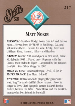 Matt Nokes  baseball card collectible - Main Image 2