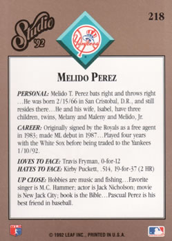Melido Perez  baseball card collectible - Main Image 2