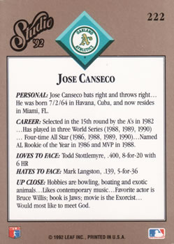 Jose Canseco  baseball card collectible - Main Image 2